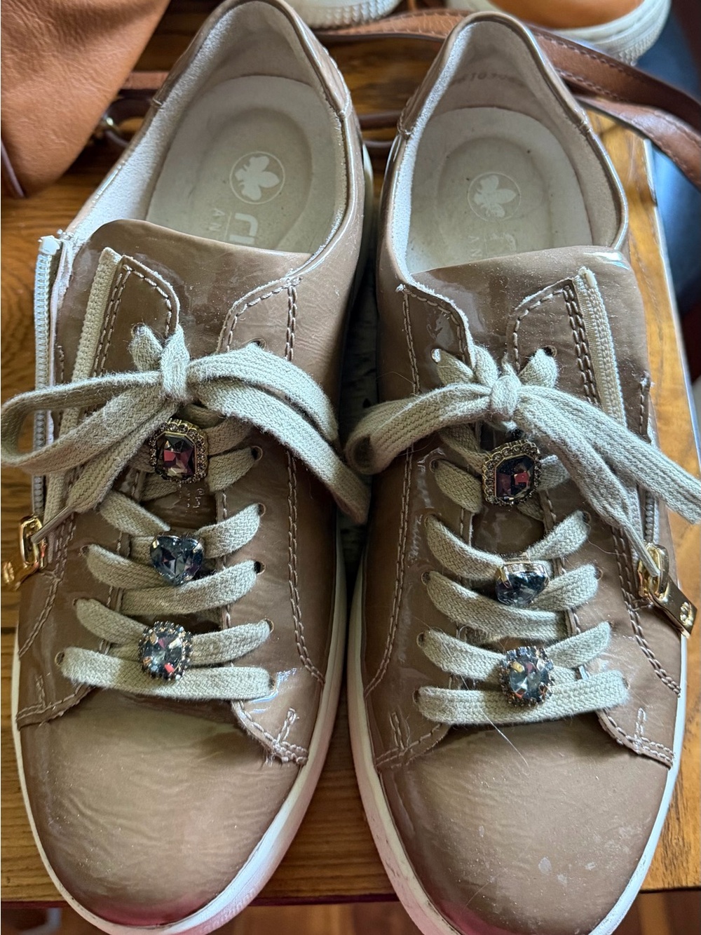 Women's Taupe Wedge Sneakers with Crystal Embellishments